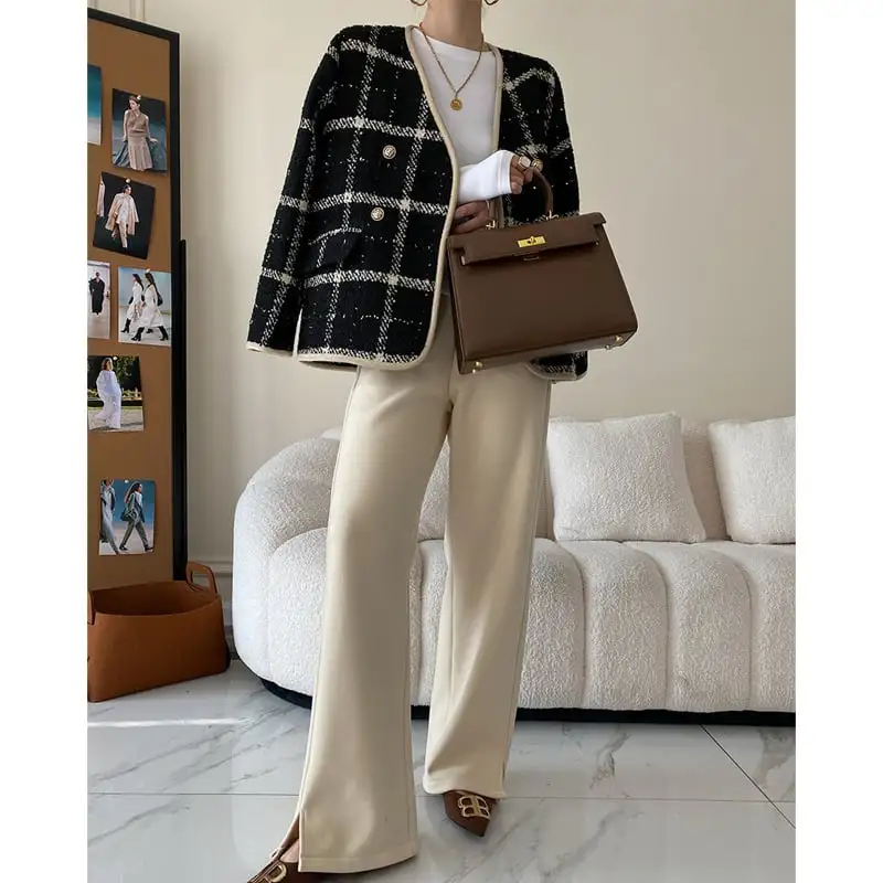 アウター ジャケット チェック柄 長袖 綿入れ ブラック