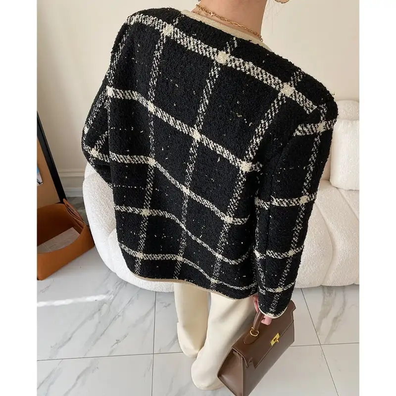 アウター ジャケット チェック柄 長袖 綿入れ ブラック