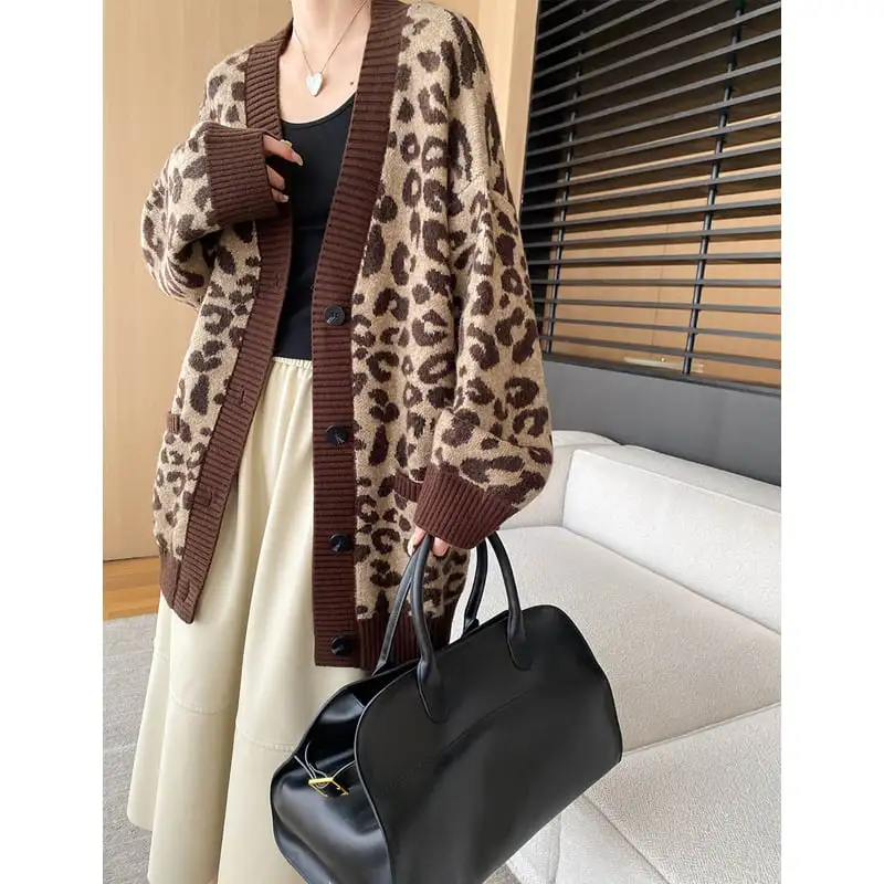 ヒョウ柄 カーディガン くつろぎ ゆったり カジュアル コーヒー色 グレー