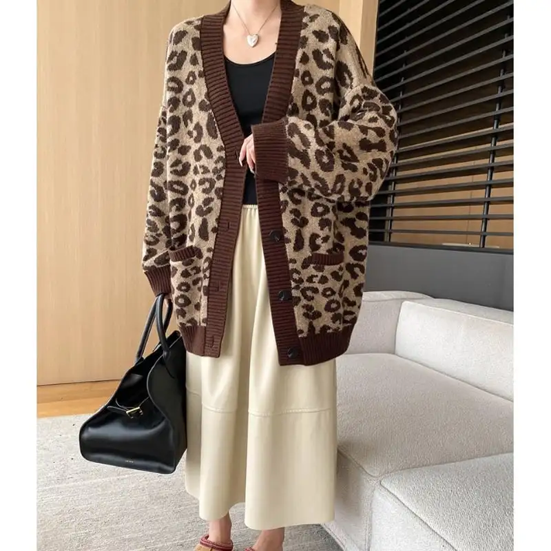 ヒョウ柄 カーディガン くつろぎ ゆったり カジュアル コーヒー色 グレー