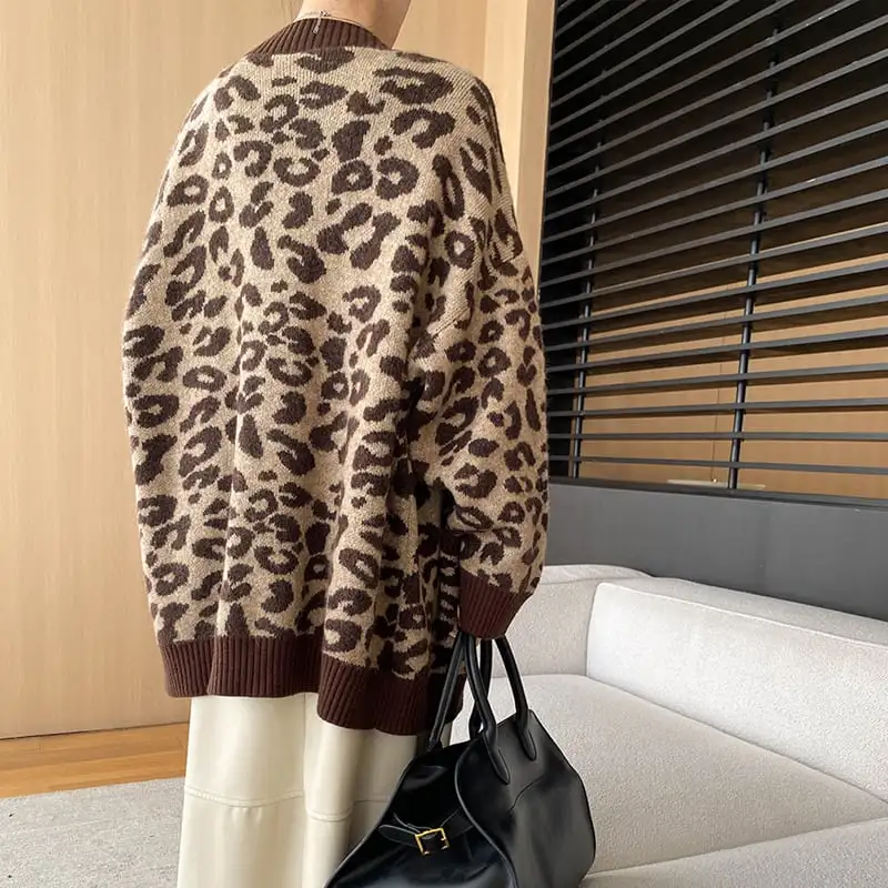 ヒョウ柄 カーディガン くつろぎ ゆったり カジュアル コーヒー色 グレー
