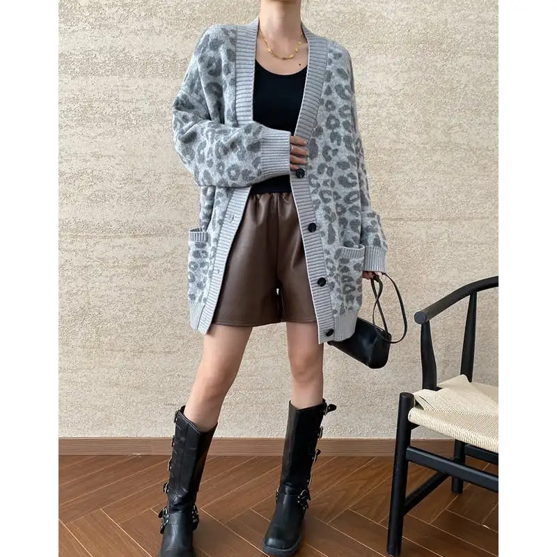 ヒョウ柄 カーディガン くつろぎ ゆったり カジュアル コーヒー色 グレー