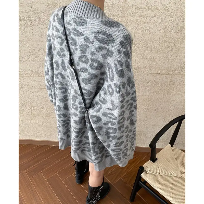 ヒョウ柄 カーディガン くつろぎ ゆったり カジュアル コーヒー色 グレー