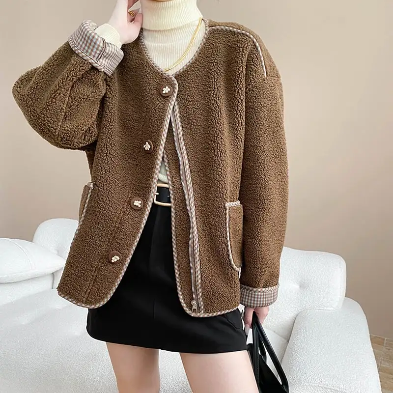 4色展開 モケット アウター ラウンドネック チェック柄 シングルブレスト