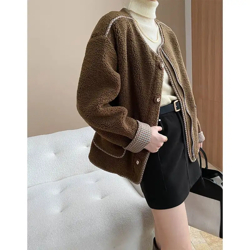 4色展開 モケット アウター ラウンドネック チェック柄 シングルブレスト