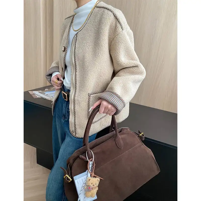 4色展開 モケット アウター ラウンドネック チェック柄 シングルブレスト