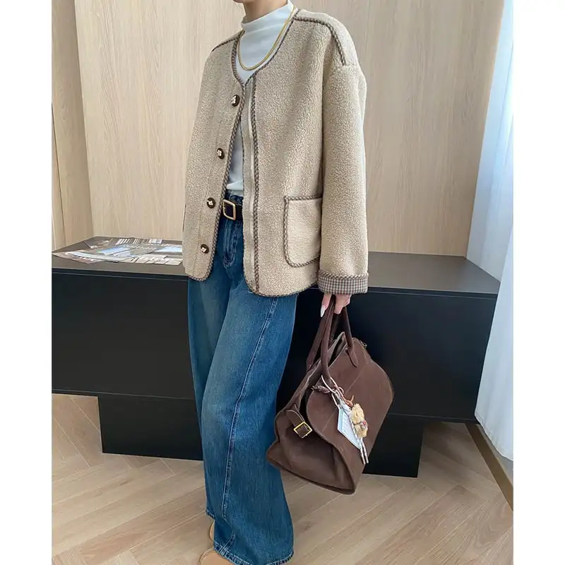 4色展開 モケット アウター ラウンドネック チェック柄 シングルブレスト