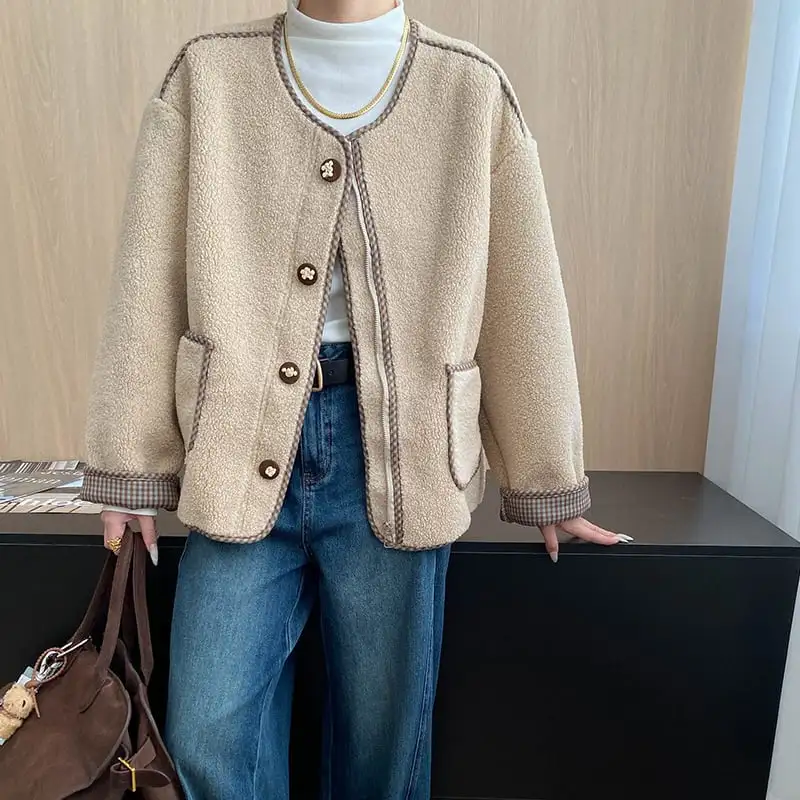 4色展開 モケット アウター ラウンドネック チェック柄 シングルブレスト