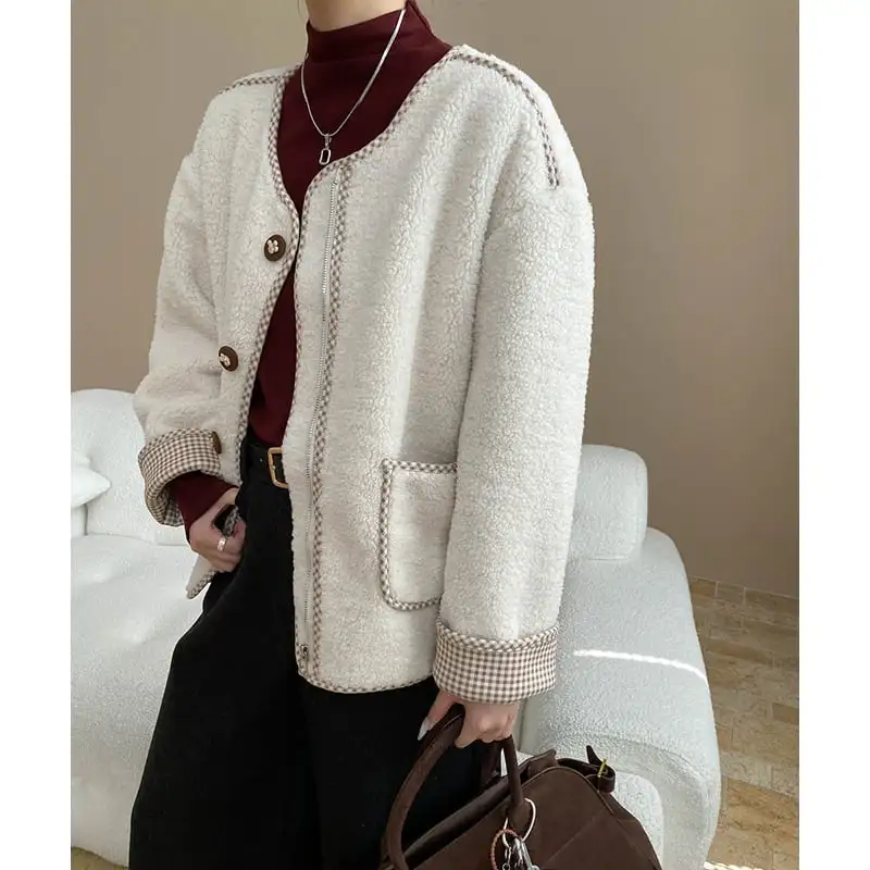 4色展開 モケット アウター ラウンドネック チェック柄 シングルブレスト