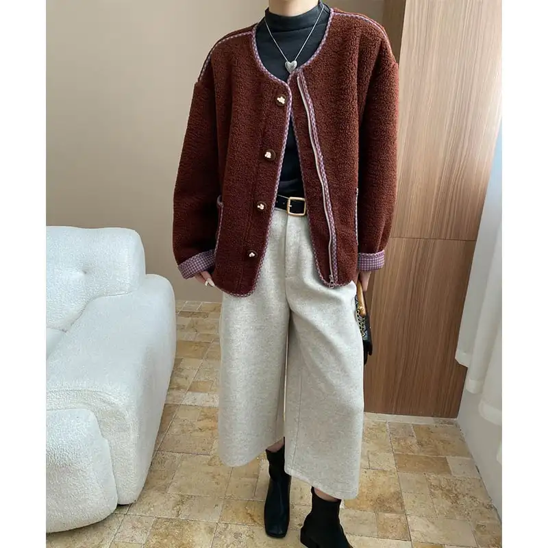 4色展開 モケット アウター ラウンドネック チェック柄 シングルブレスト