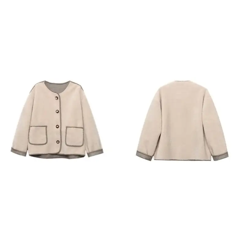 4色展開 モケット アウター ラウンドネック チェック柄 シングルブレスト