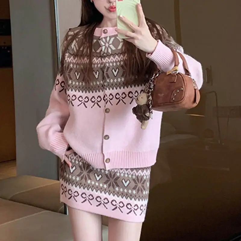 セットアップ トップス+スカート ニット 配色 ボヘミアン ピンク レッド