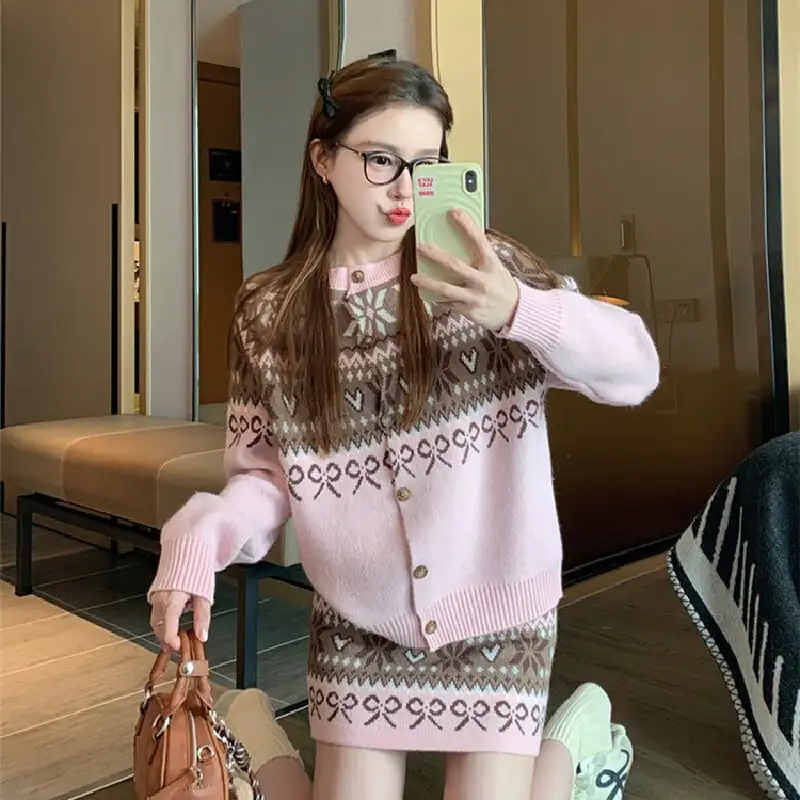 セットアップ トップス+スカート ニット 配色 ボヘミアン ピンク レッド