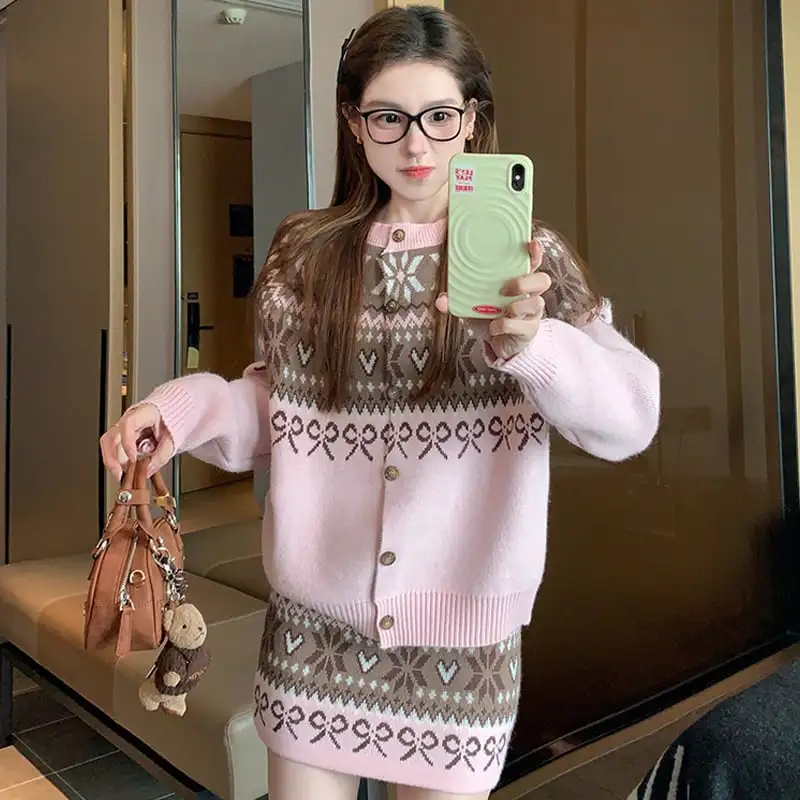 セットアップ トップス+スカート ニット 配色 ボヘミアン ピンク レッド