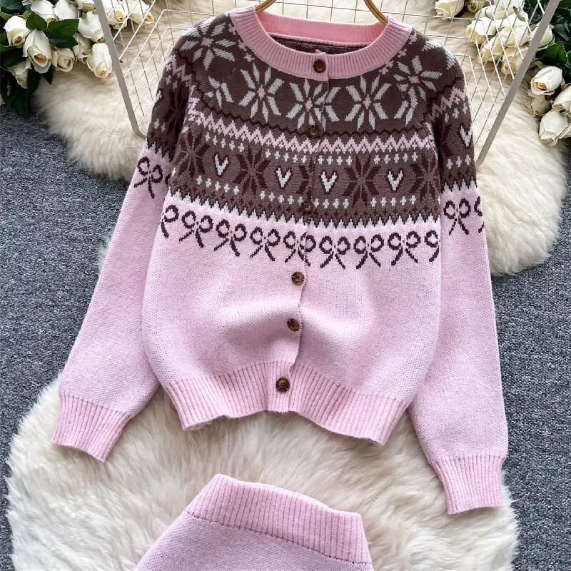 セットアップ トップス+スカート ニット 配色 ボヘミアン ピンク レッド