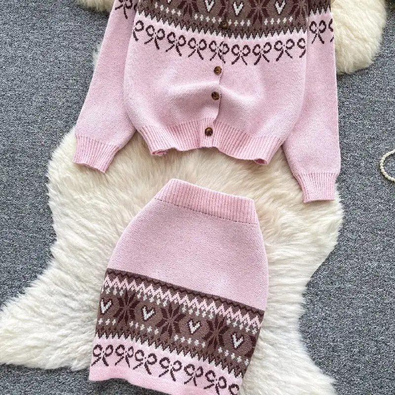 セットアップ トップス+スカート ニット 配色 ボヘミアン ピンク レッド