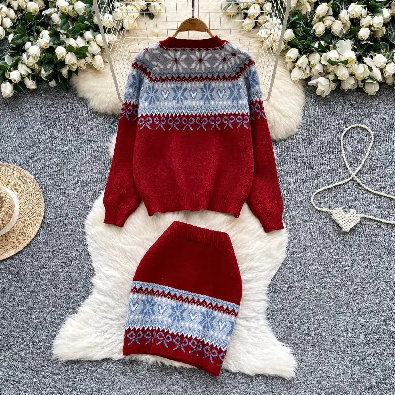 セットアップ トップス+スカート ニット 配色 ボヘミアン ピンク レッド