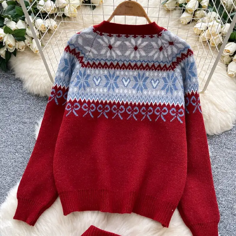 セットアップ トップス+スカート ニット 配色 ボヘミアン ピンク レッド