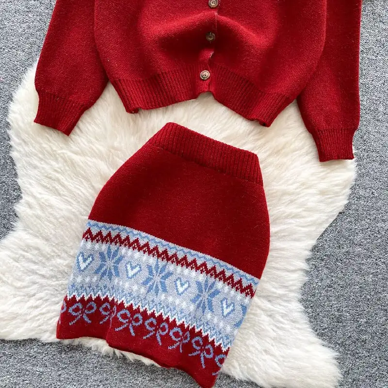 セットアップ トップス+スカート ニット 配色 ボヘミアン ピンク レッド