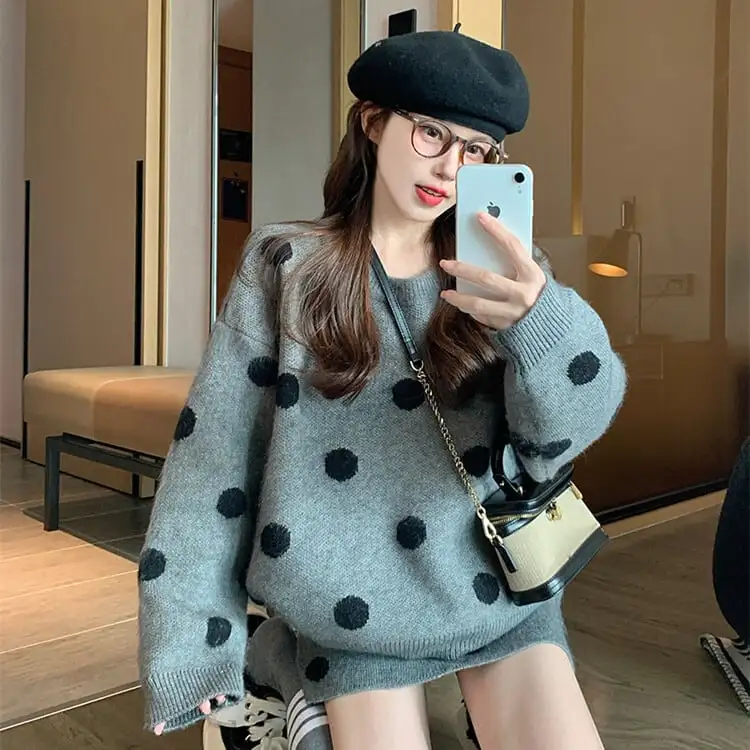 セットアップ ドット柄 ニット トップス+スカート ゆったり グレー ブラック