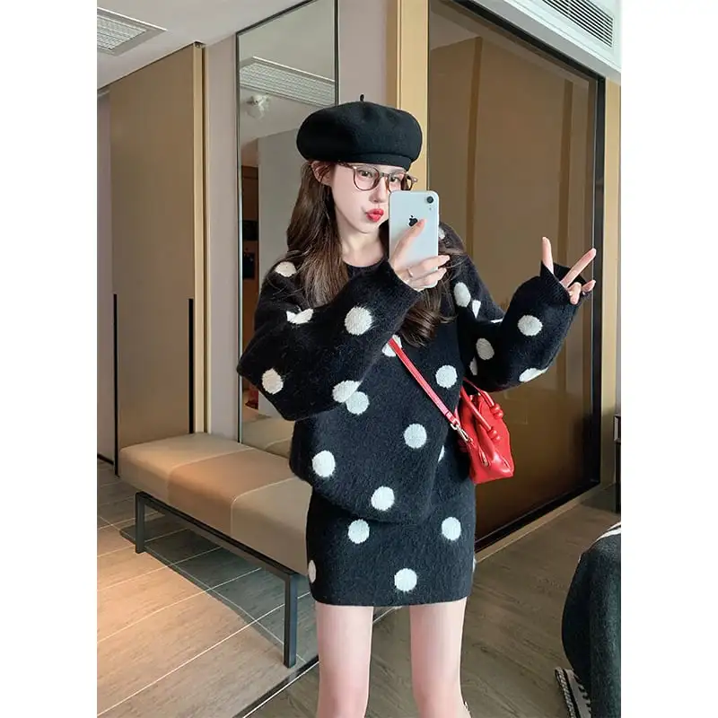 セットアップ ドット柄 ニット トップス+スカート ゆったり グレー ブラック