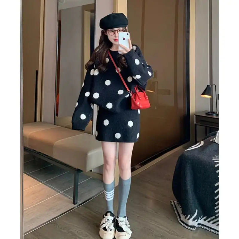 セットアップ ドット柄 ニット トップス+スカート ゆったり グレー ブラック