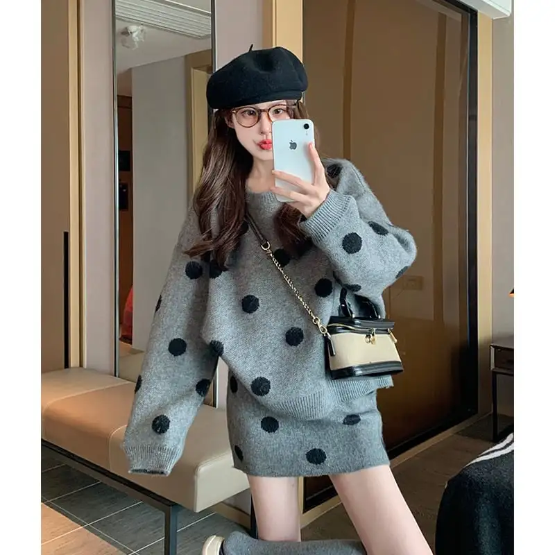セットアップ ドット柄 ニット トップス+スカート ゆったり グレー ブラック