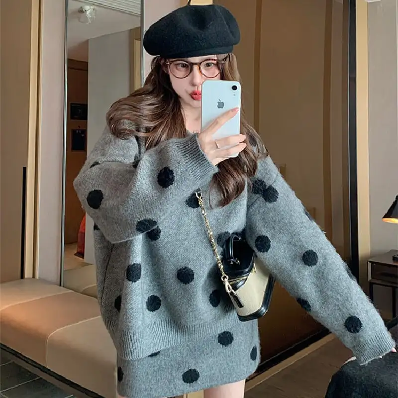 セットアップ ドット柄 ニット トップス+スカート ゆったり グレー ブラック