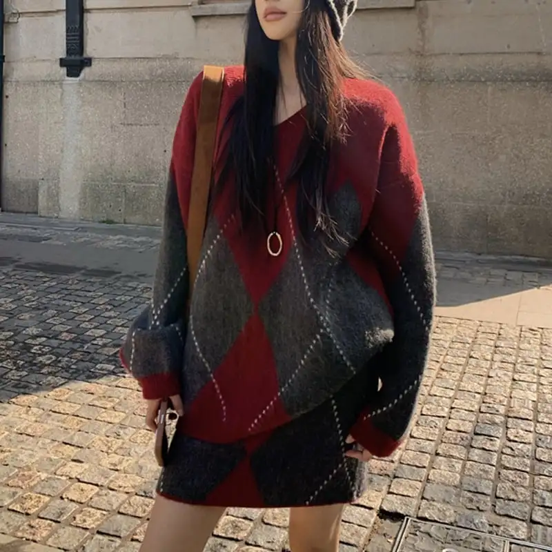 セットアップ トップス+スカートゆったり ニット ダイヤモンドパターン 着回しコーデ レッド グレー