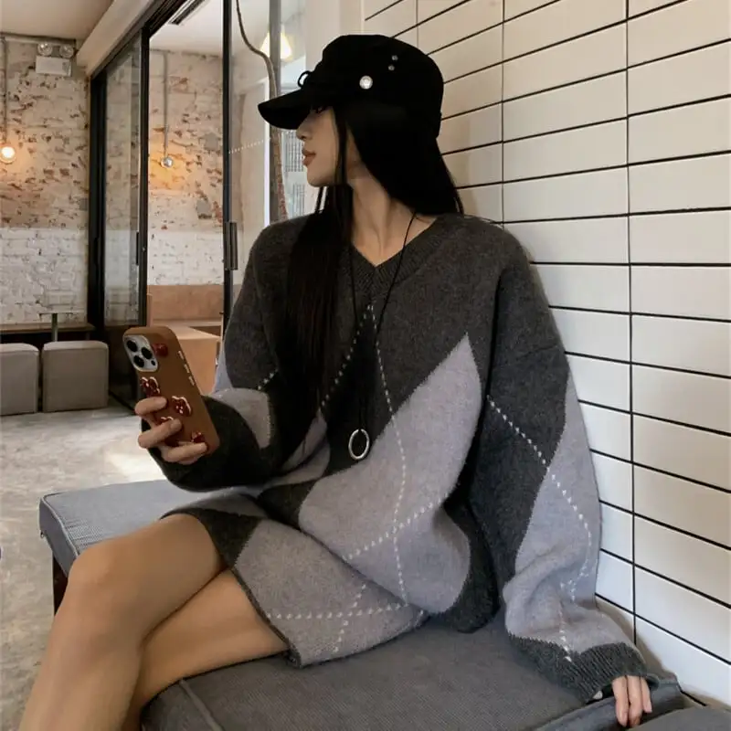 セットアップ トップス+スカートゆったり ニット ダイヤモンドパターン 着回しコーデ レッド グレー