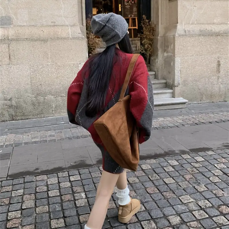 セットアップ トップス+スカートゆったり ニット ダイヤモンドパターン 着回しコーデ レッド グレー