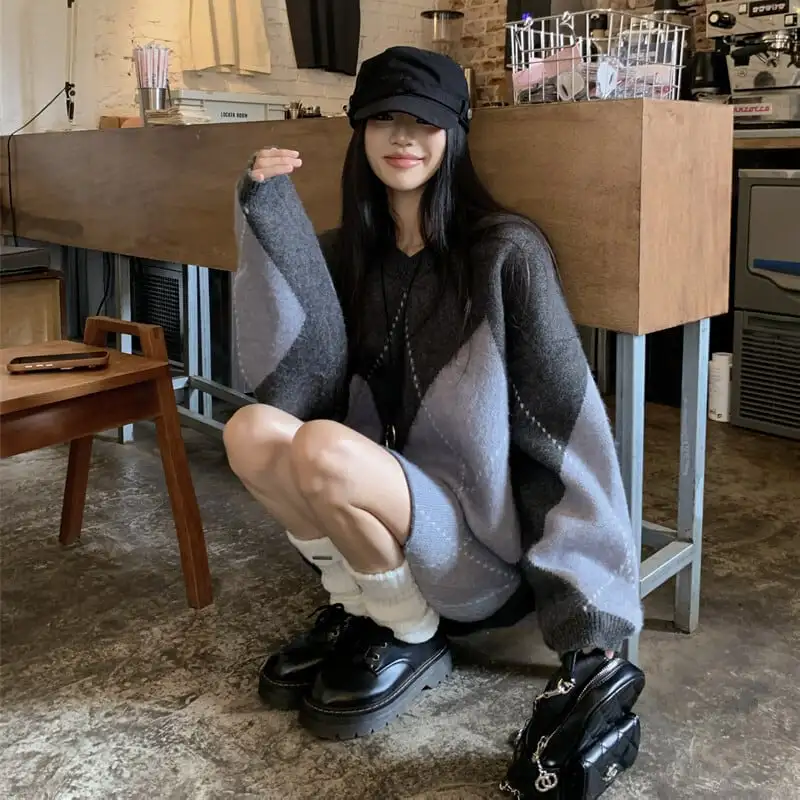 セットアップ トップス+スカートゆったり ニット ダイヤモンドパターン 着回しコーデ レッド グレー