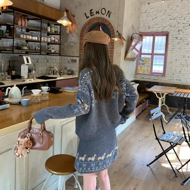 セットアップ トップス+スカート ニット 配色 ボヘミアン カジュアル グレー