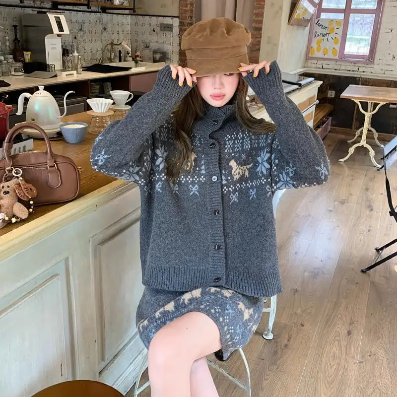 セットアップ トップス+スカート ニット 配色 ボヘミアン カジュアル グレー