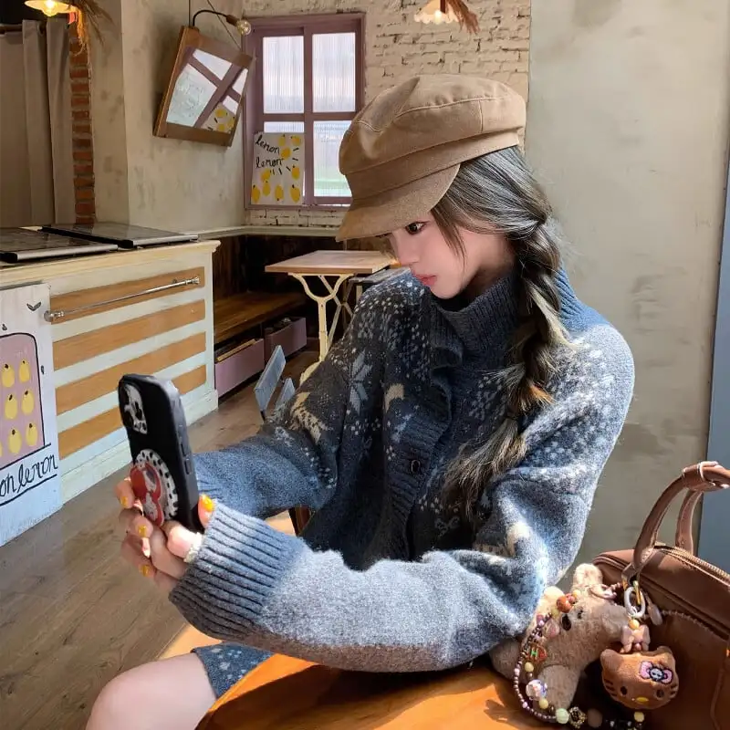 セットアップ トップス+スカート ニット 配色 ボヘミアン カジュアル グレー