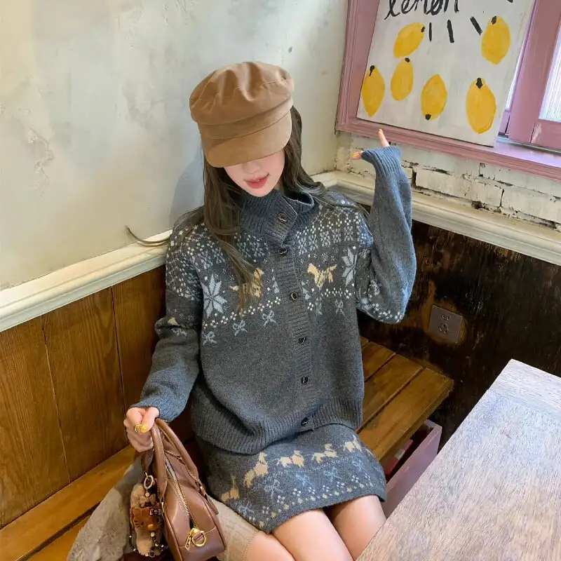 セットアップ トップス+スカート ニット 配色 ボヘミアン カジュアル グレー