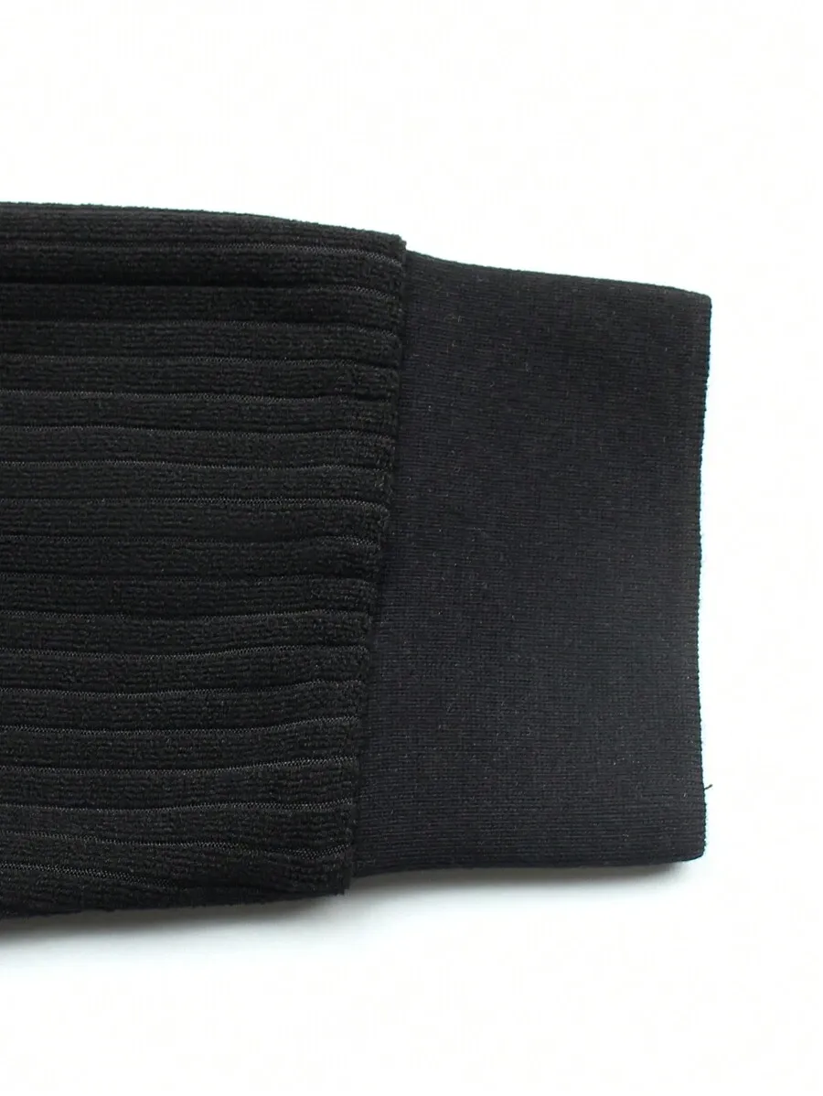 カジュアル ブラック襟付き ボタン リブ編み 長袖 ポロシャツ