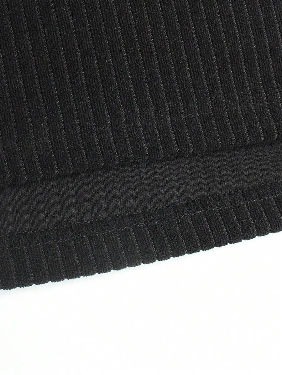 カジュアル ブラック襟付き ボタン リブ編み 長袖 ポロシャツ