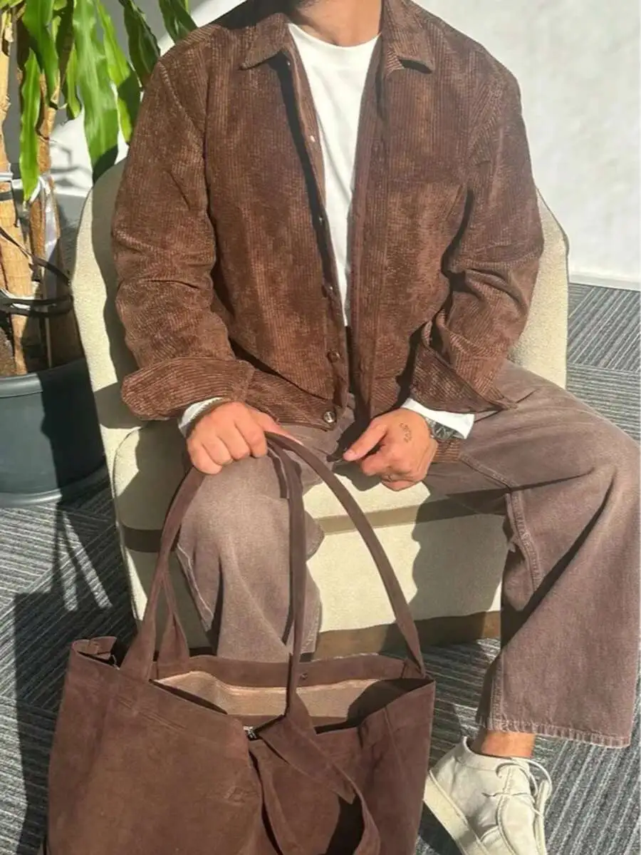 コーデュロイ 無地 ストライプ カジュアル レトロ ボタンアップ ポケットシャツ