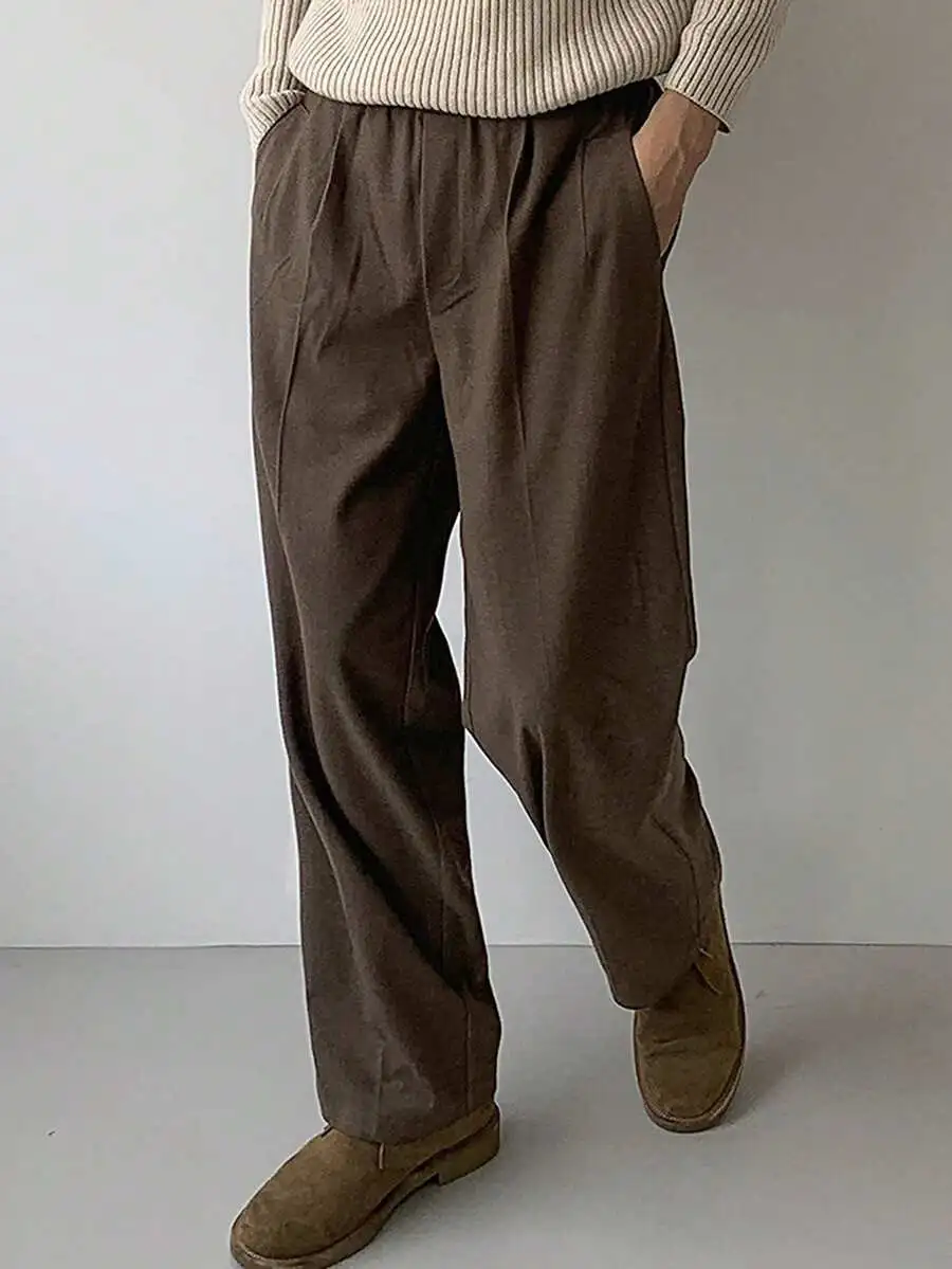 ソリッドカラー ウエスト伸縮デザイン ブラウン カジュアルパンツ