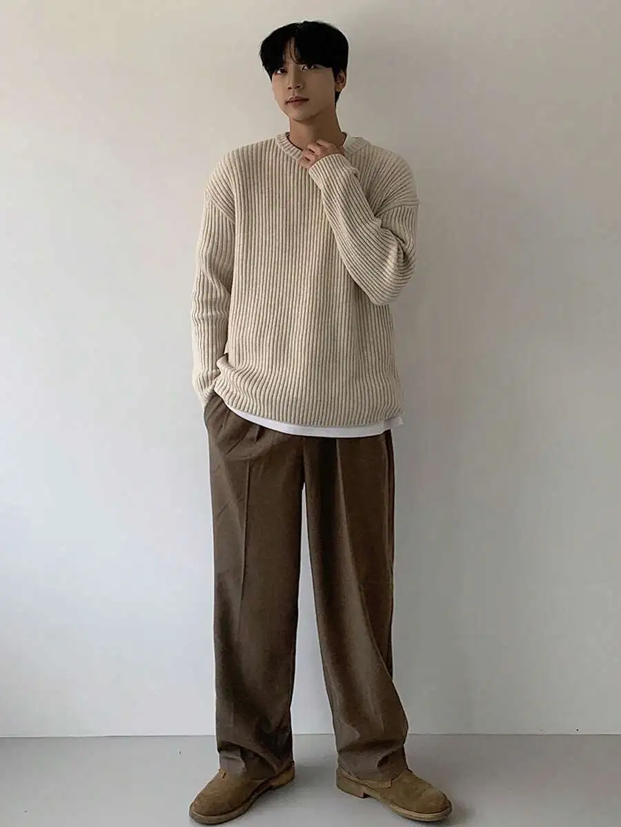 ソリッドカラー ウエスト伸縮デザイン ブラウン カジュアルパンツ