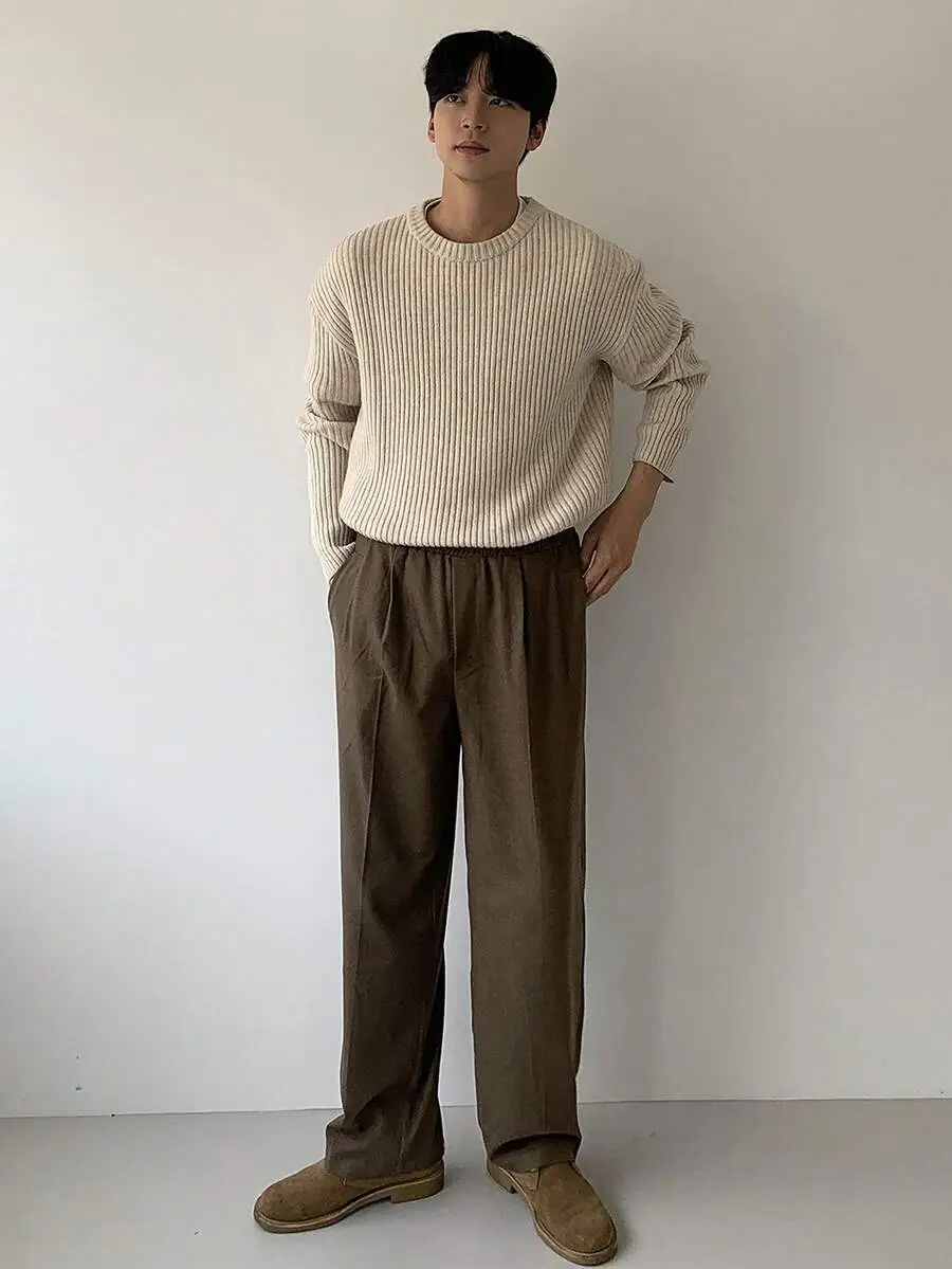 ソリッドカラー ウエスト伸縮デザイン ブラウン カジュアルパンツ