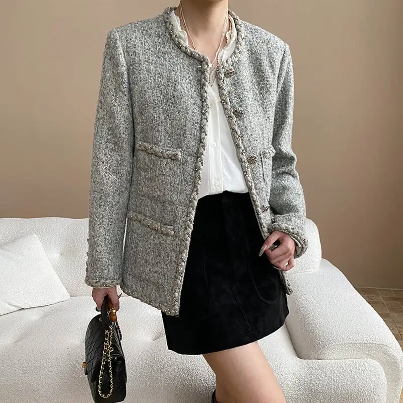 アウター ジャケット ツイード 長袖 目を奪われる グレー