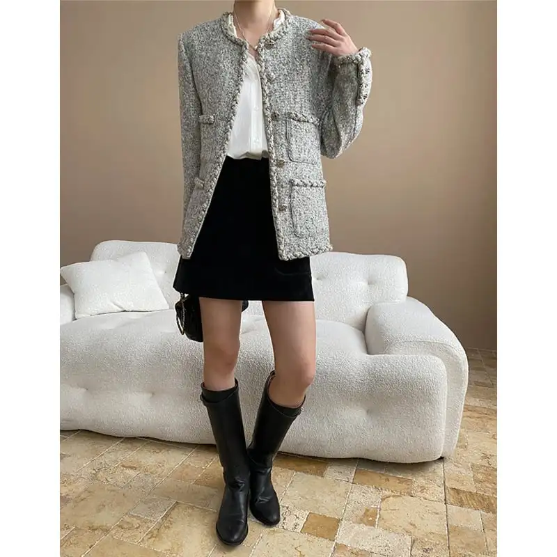 アウター ジャケット ツイード 長袖 目を奪われる グレー