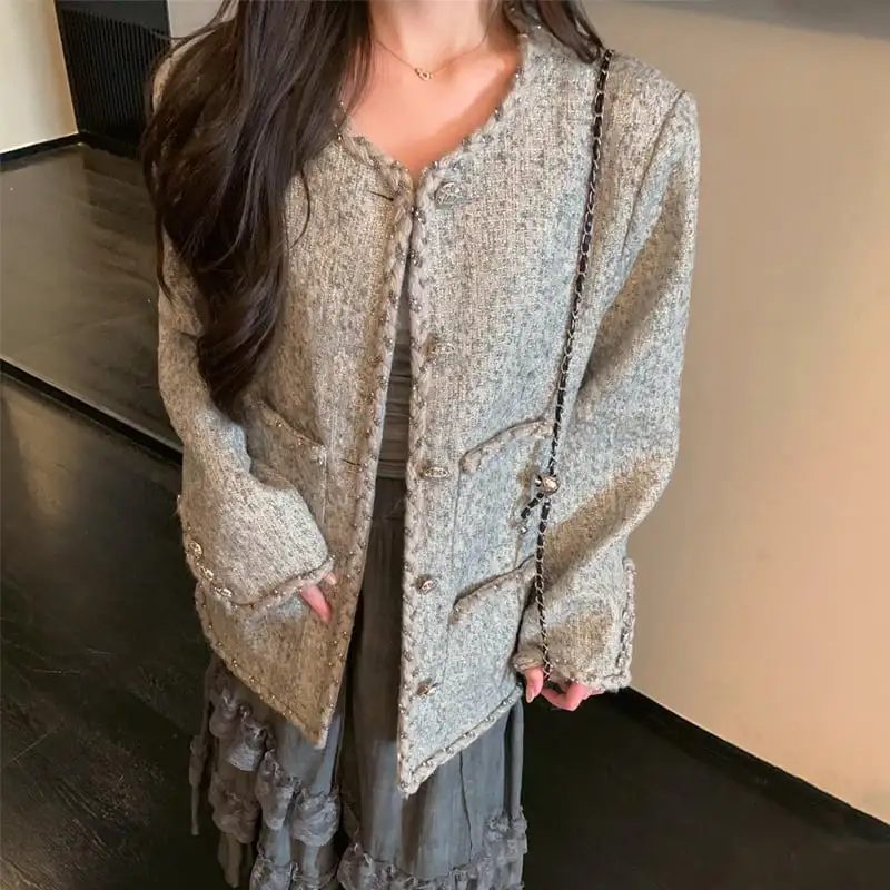 アウター ジャケット ツイード 長袖 目を奪われる グレー