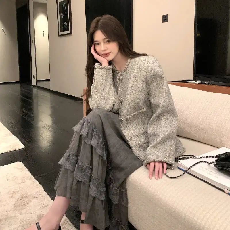 アウター ジャケット ツイード 長袖 目を奪われる グレー