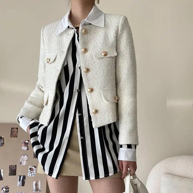 アウター ジャケット ツイード 無地 OL/フォーマル 長袖 ホワイト