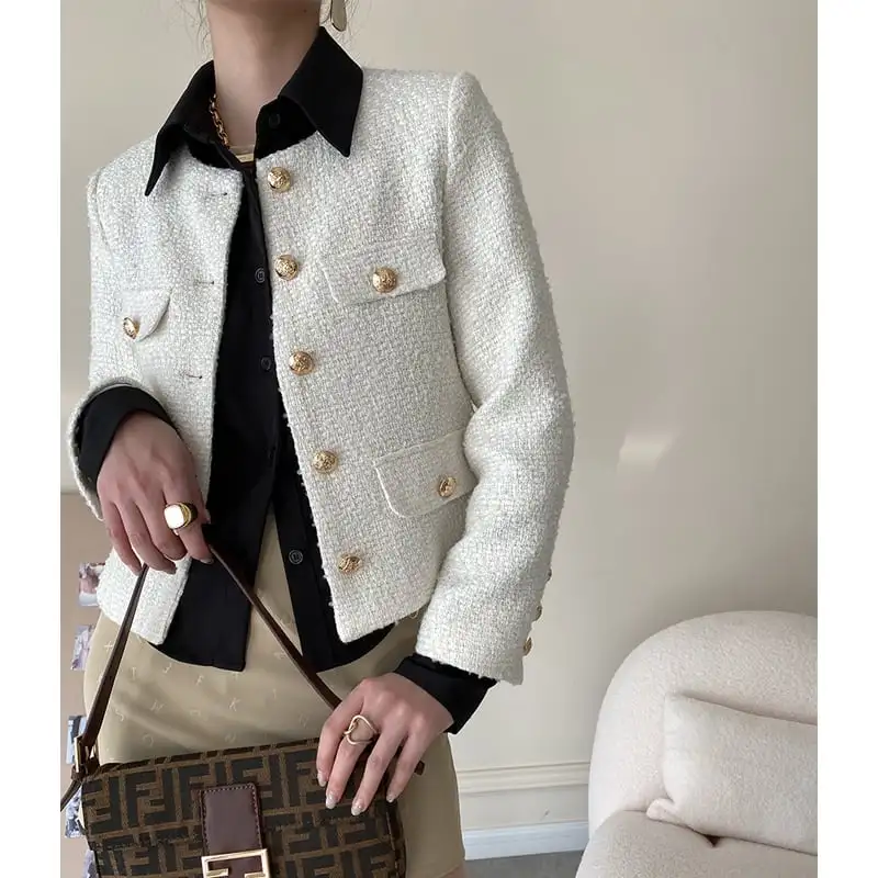 アウター ジャケット ツイード 無地 OL/フォーマル 長袖 ホワイト