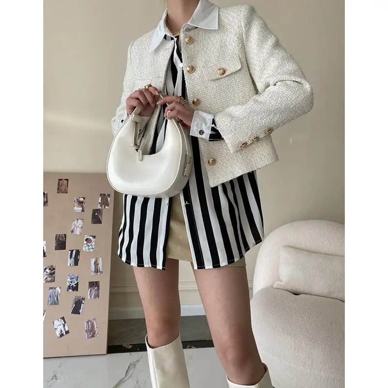 アウター ジャケット ツイード 無地 OL/フォーマル 長袖 ホワイト