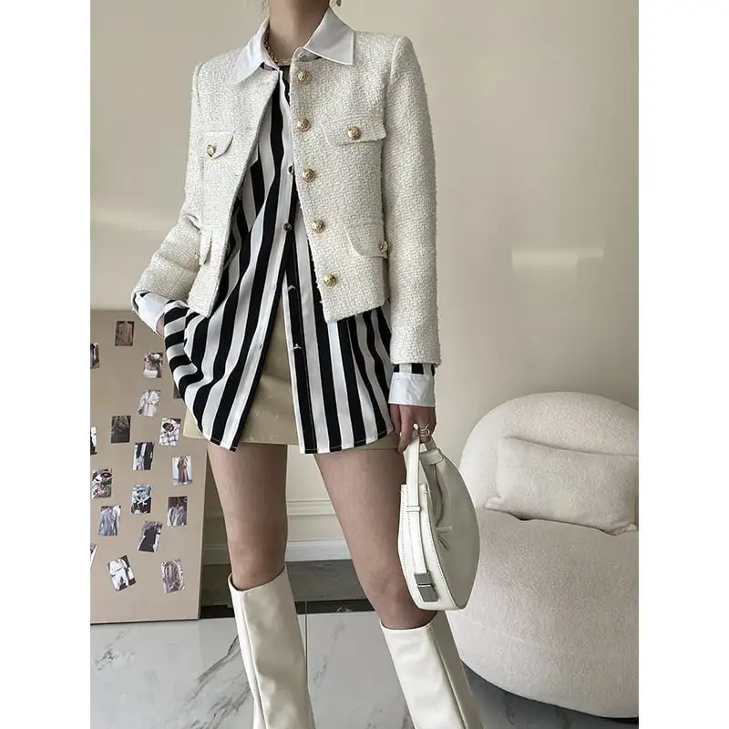 アウター ジャケット ツイード 無地 OL/フォーマル 長袖 ホワイト